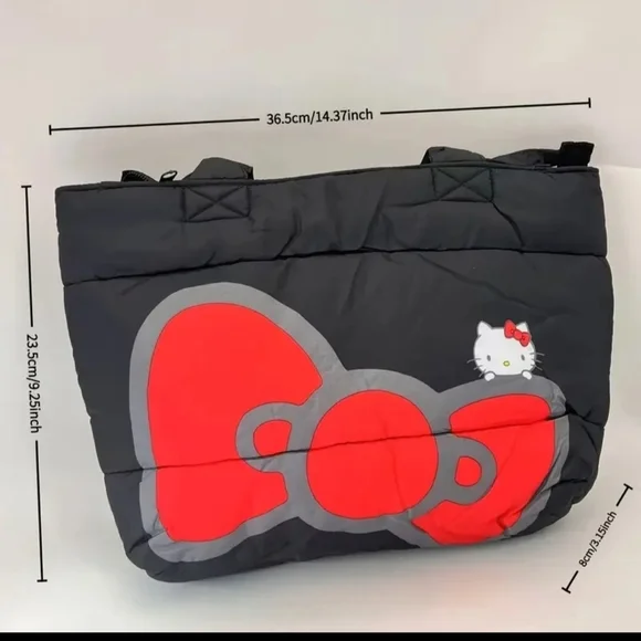 Hello Kitty 45th Anniversary Puffer Black and Red Tote Bag With Zipper - Picture 5 of 8